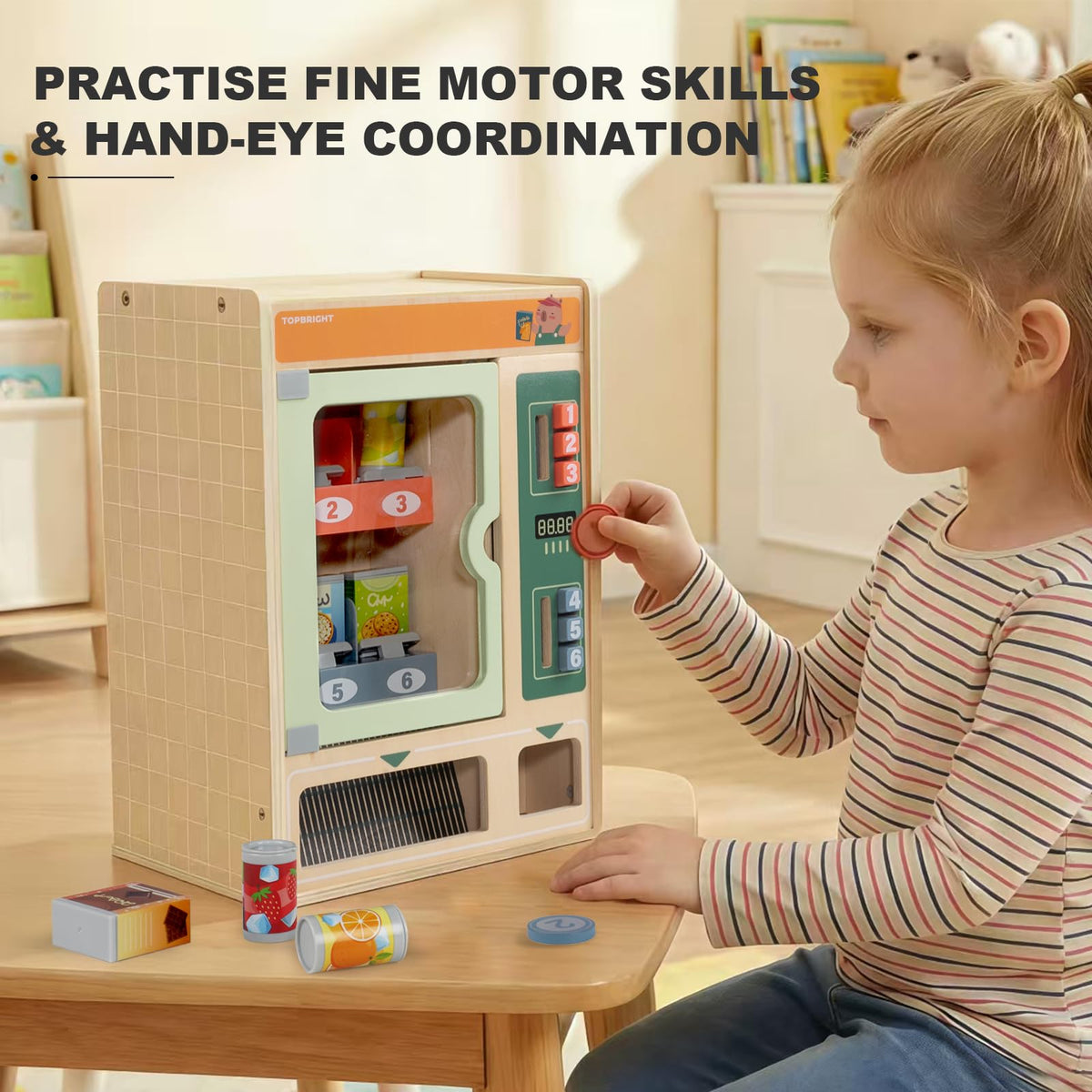 Top Bright coins and buttons demonstrate early money concepts during role-play.