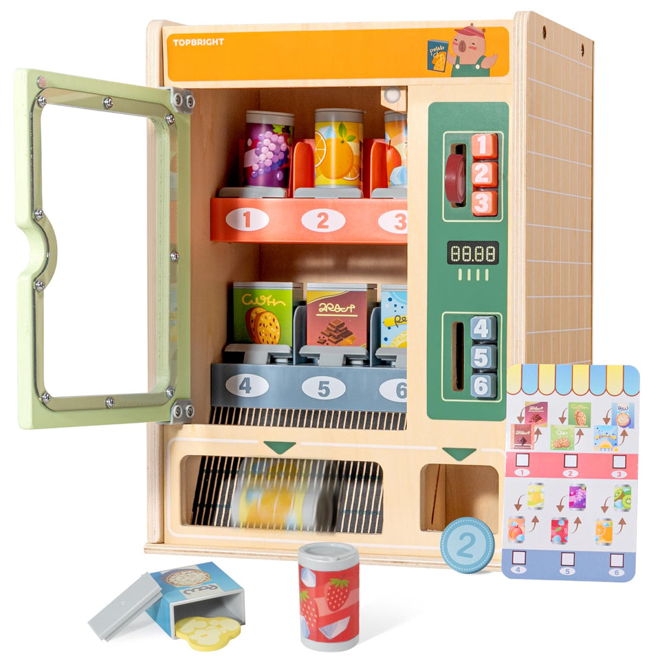 Top Bright vending machine playset front view highlights sturdy wood for imaginative pretend play.