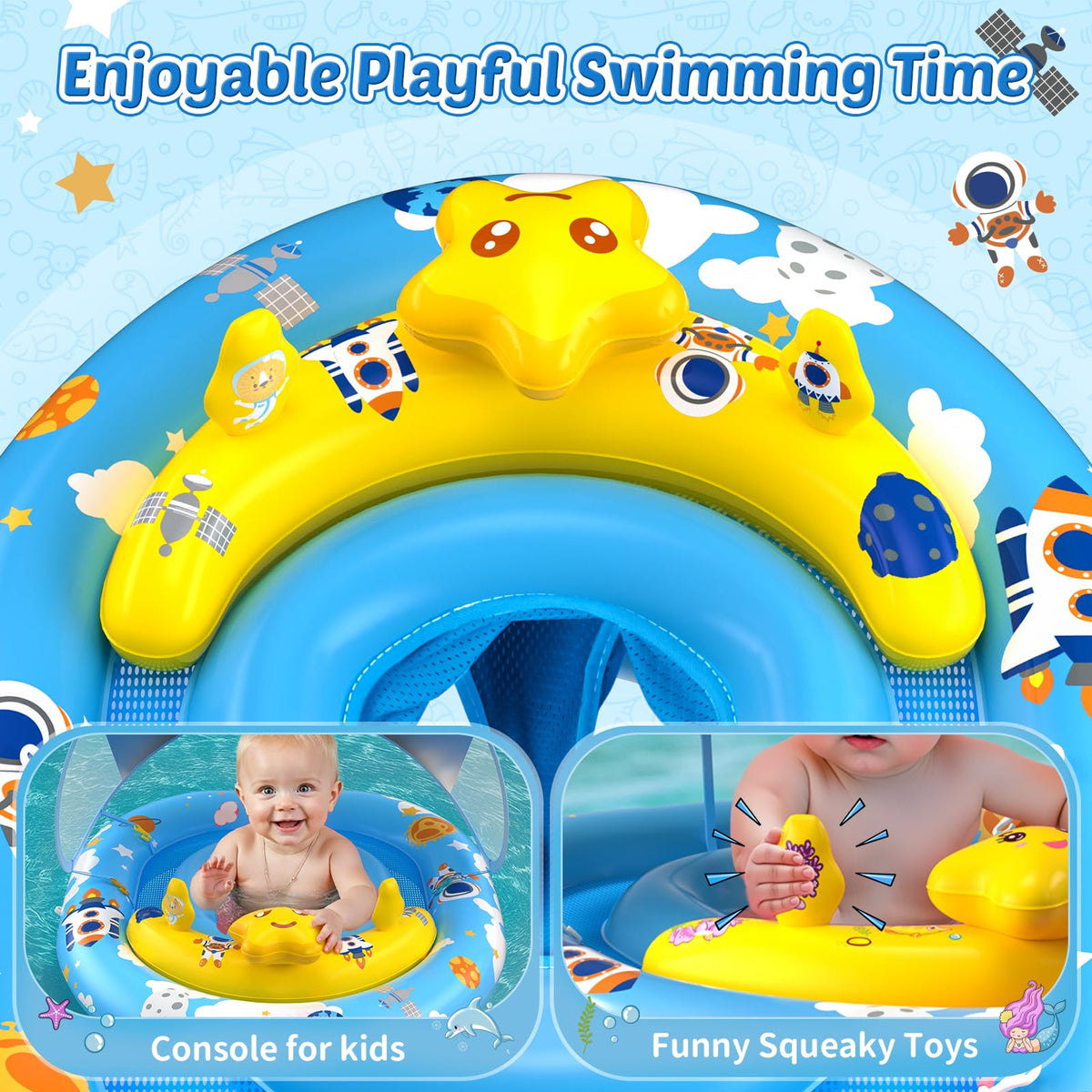 Topchase float features adjustable safety seat for growing babies.