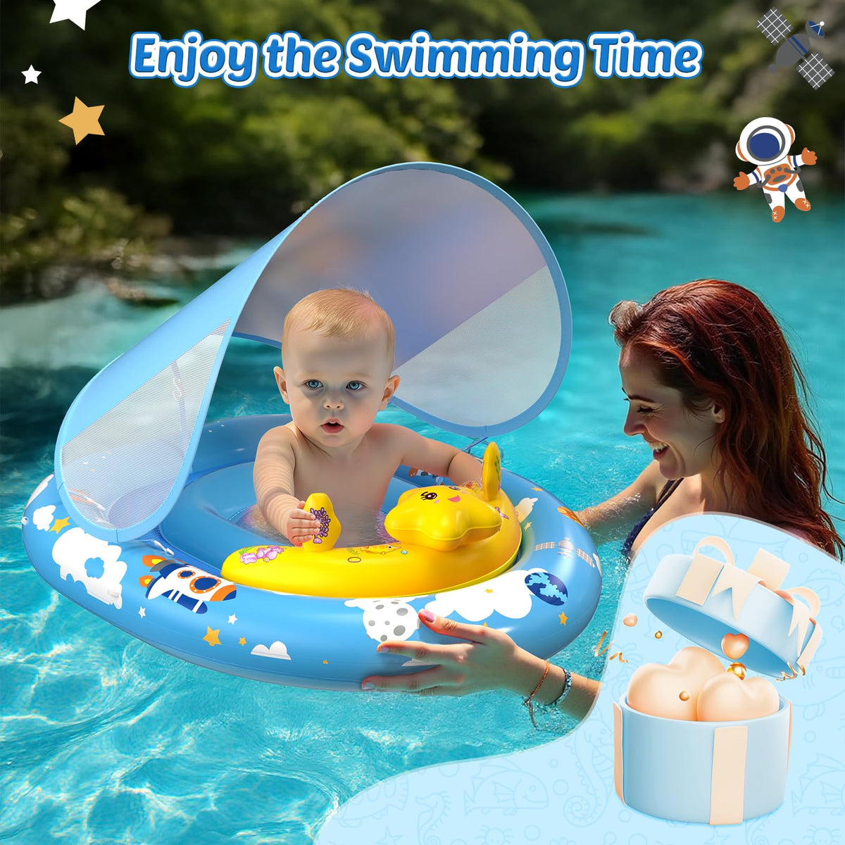 Topchase float suitable for ages 6-36 months during water play.