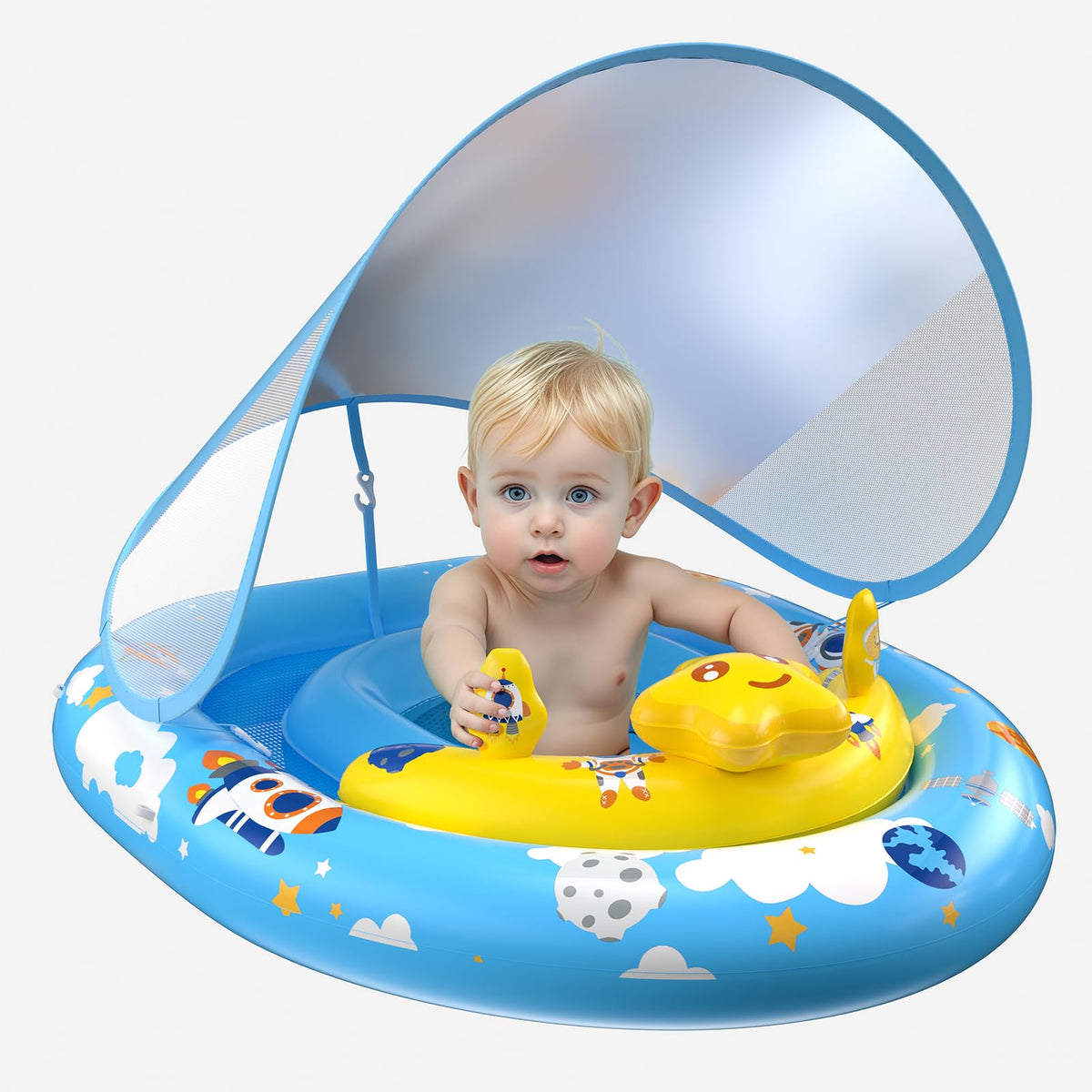 Topchase baby pool float with canopy for UV protection and safe water play.