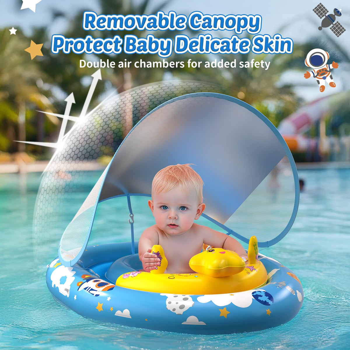 Topchase UPF50+ sun canopy shields baby's skin during swimming.