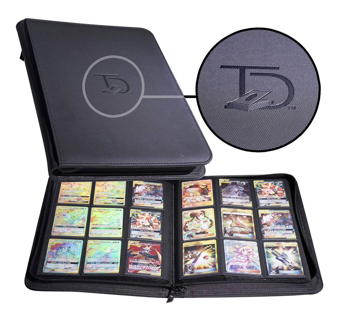 TopDeck 500 Card Ringless Zip Binder Pro front view highlights premium leather and sleek organization.