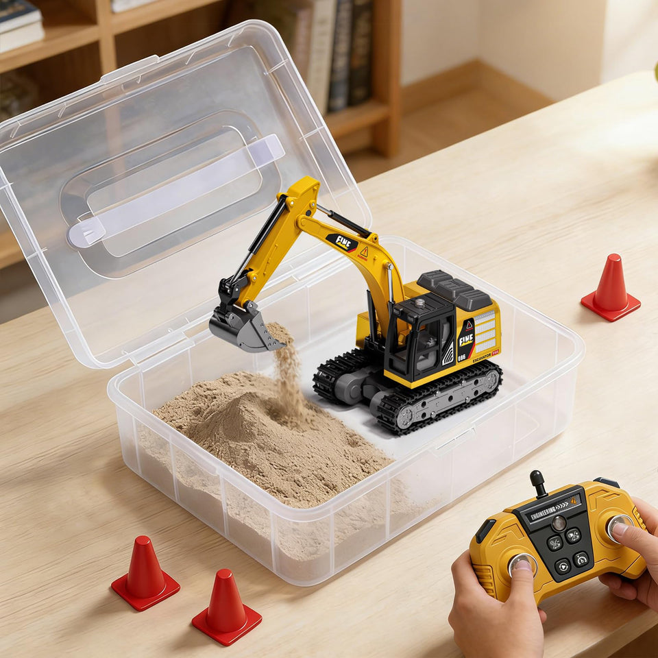 TOPMVP 1/64 mini RC excavator with play sand box for engaging family play.