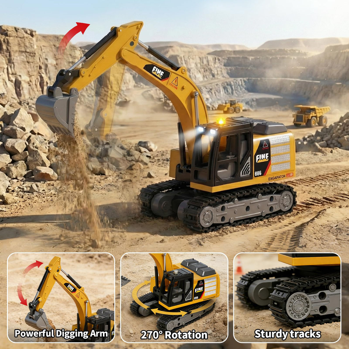 TOPMVP 1/64 RC excavator with track wheels for versatile indoor and outdoor play.