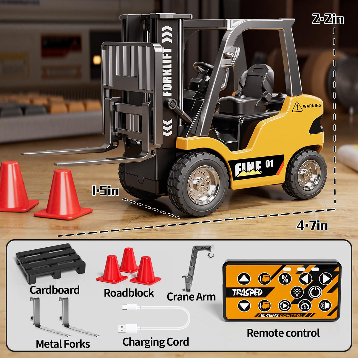 TOPMVP mini RC forklift toy lifting mechanism enabling small item handling