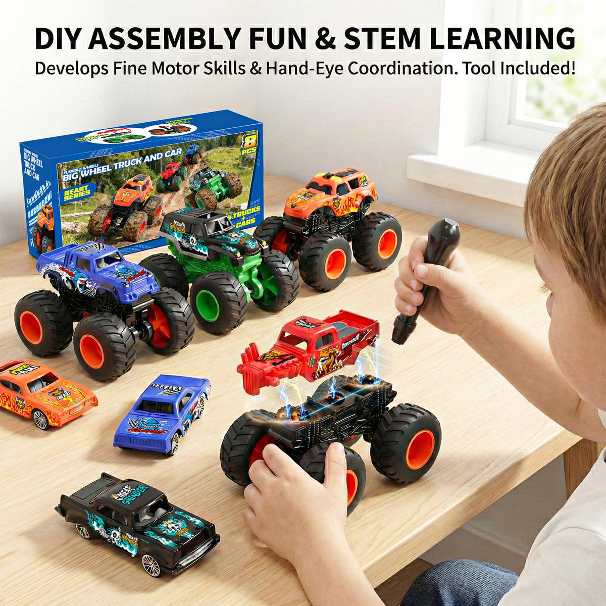 TOPMVP Dinosaur monster truck with vibrant graphics conquering indoor terrain