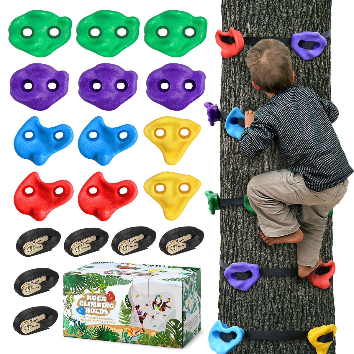 TOPNEW 12 Ninja tree climbing holds with textured grips for safe kid-friendly climbing.