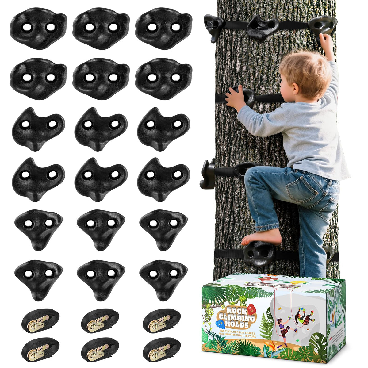 TOPNEW 18pcs ninja tree climbing holds offering secure grips for safe, active outdoor play.