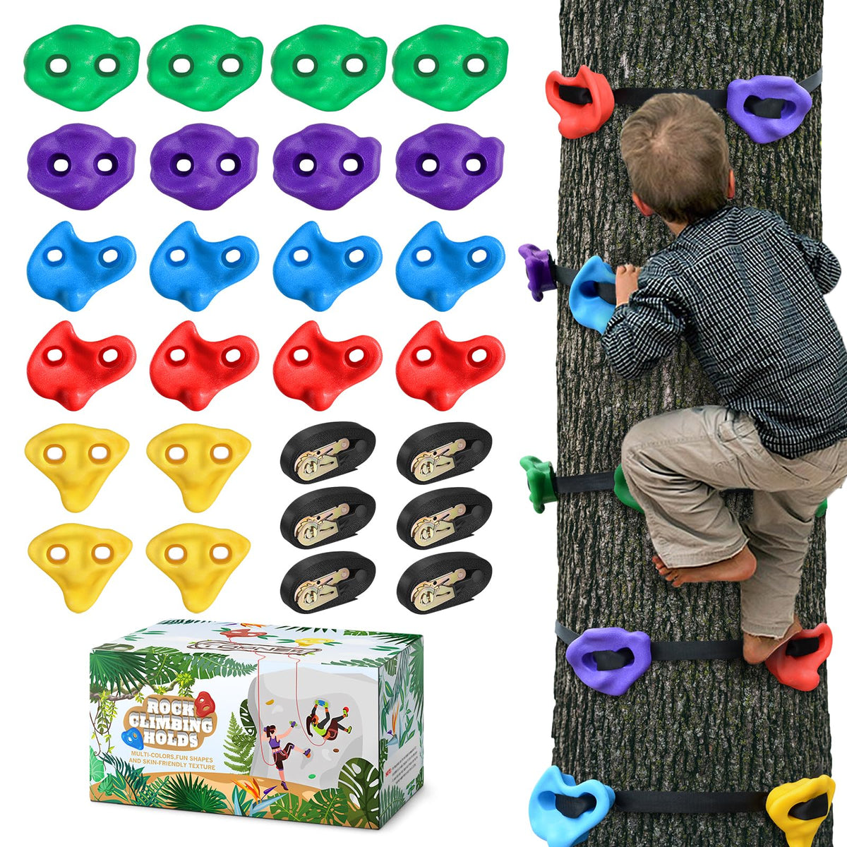 Topnew 20 Ninja Tree Climbing Holds pack for backyard training and kid-friendly obstacle courses.