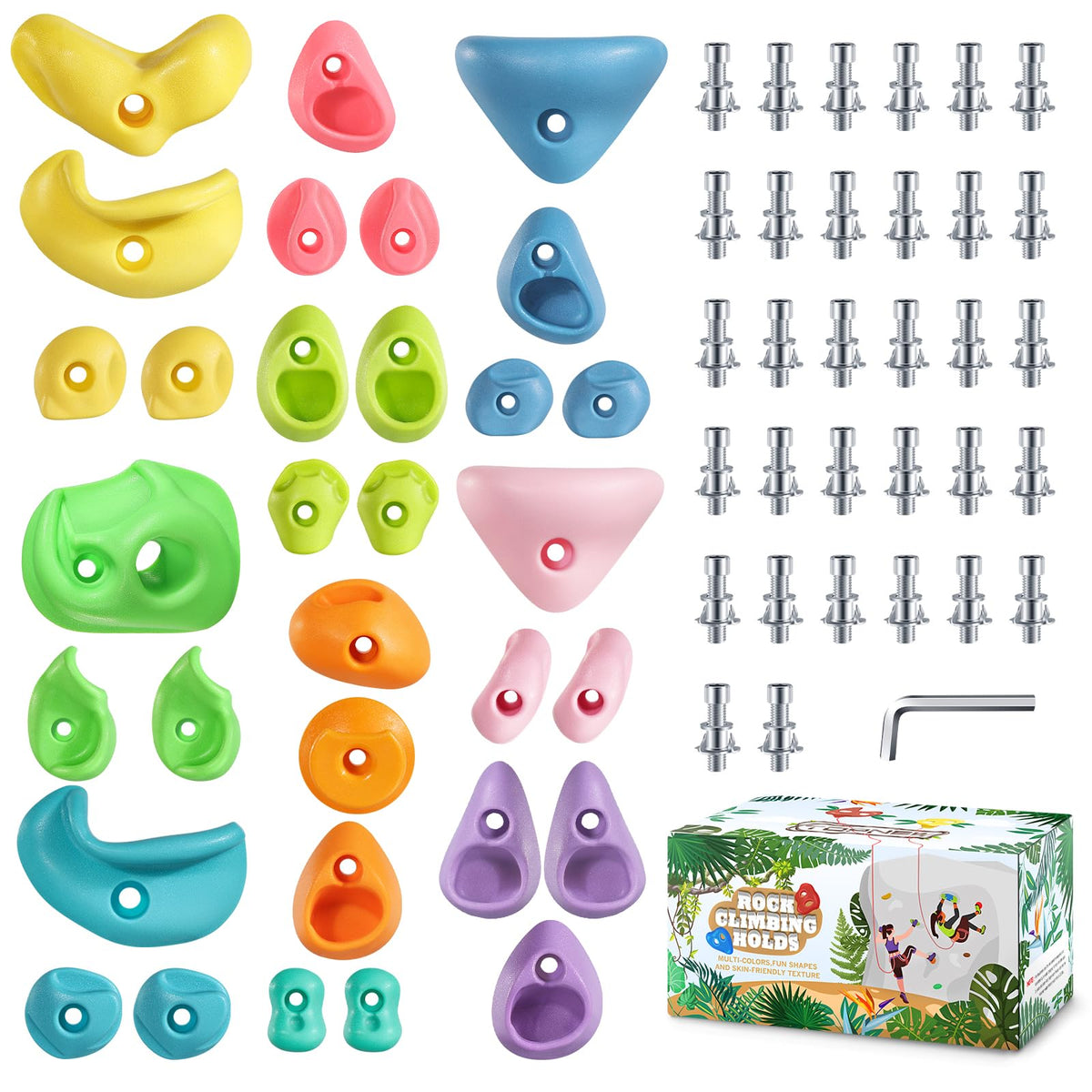 TOPNEW 32 rock climbing holds kit with varied shapes for kid-friendly wall climbing