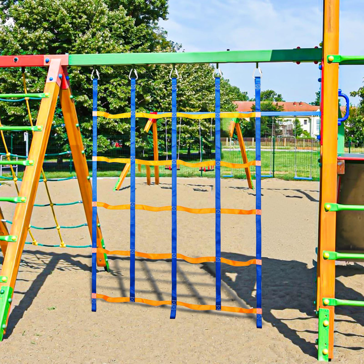 TOPNEW climbing net in a family-friendly obstacle course play zone