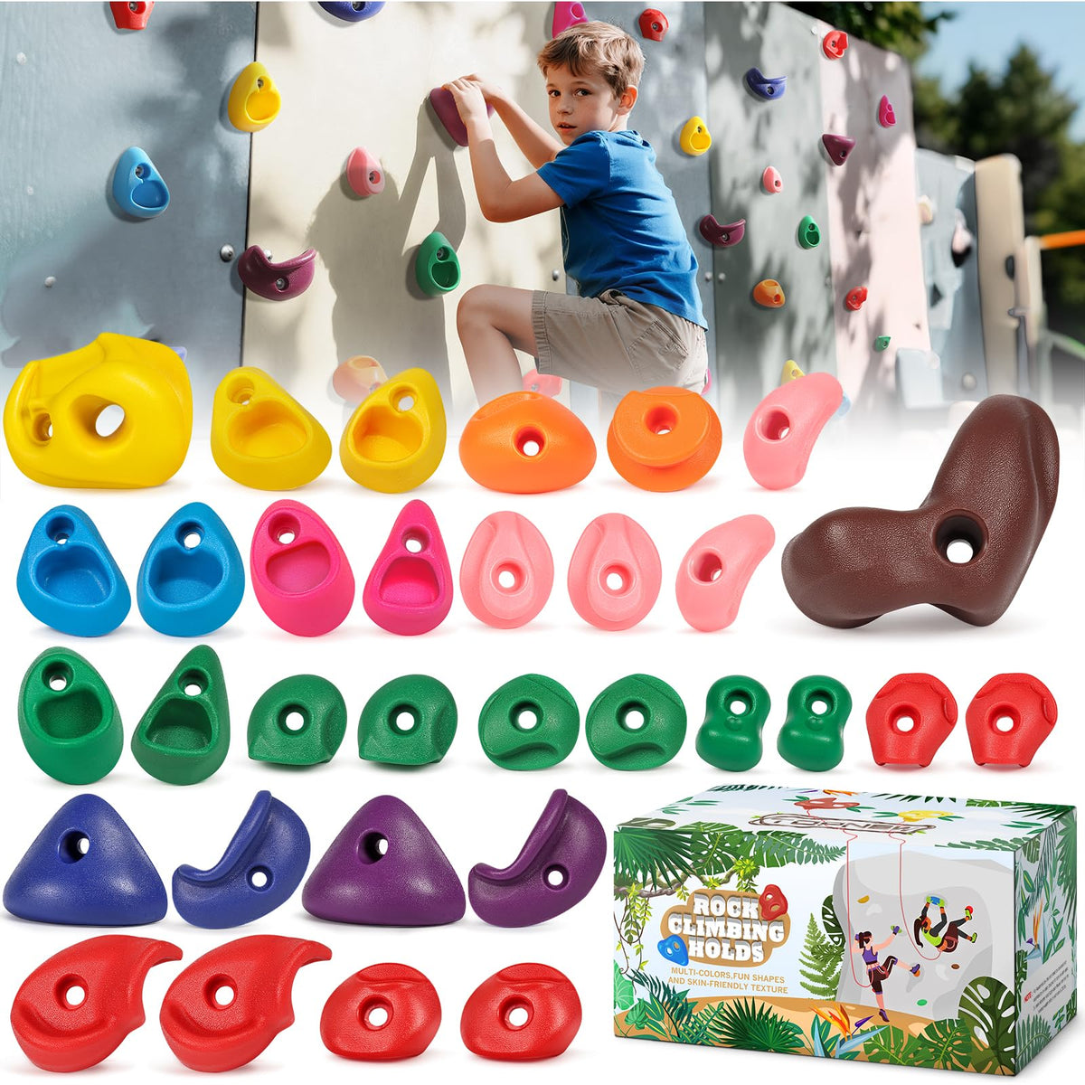TOPNEW 32-piece rock climbing holds kit for durable indoor and outdoor walls