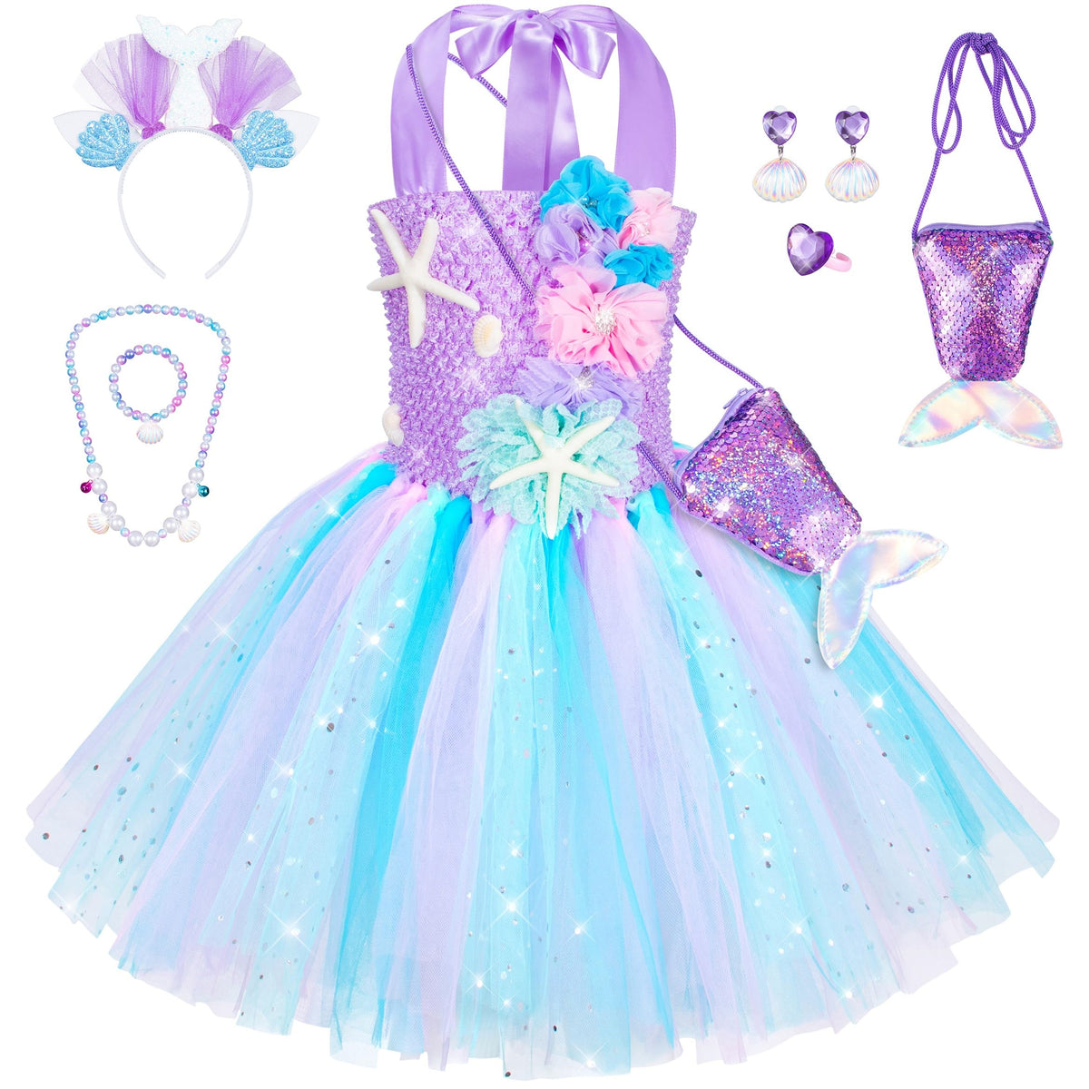 Topney Little Mermaid Tutu Dress front view for dress-up play and dazzling photos.