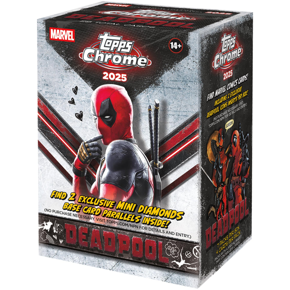 Topps 2025 Deadpool Chrome box front, sealed for secure storage and display.