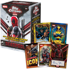 Topps 2025 Deadpool Chrome seven packs per box on display ready for collection.