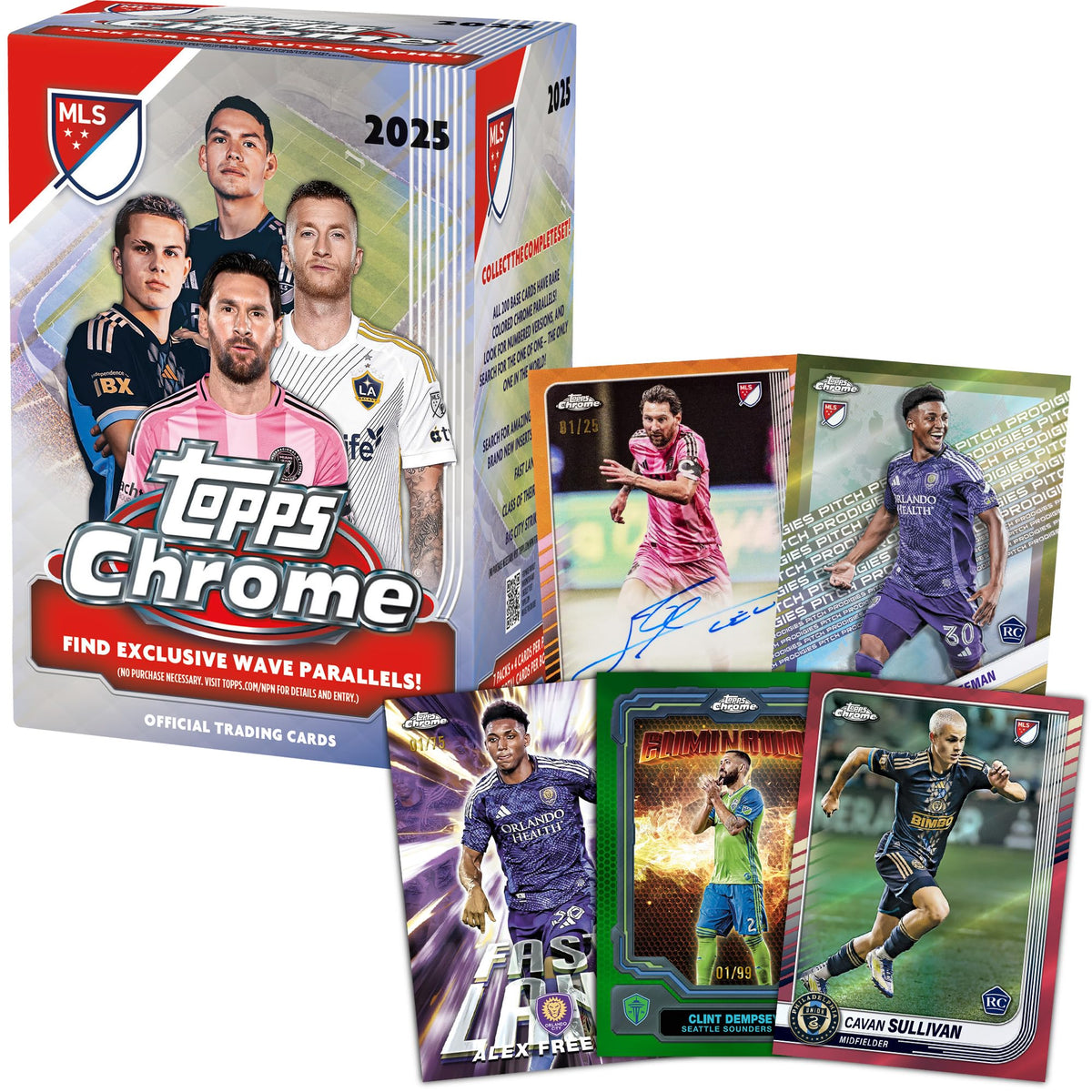 Topps Chrome MLS 2025 Wave parallel card with vibrant rainbow finish.
