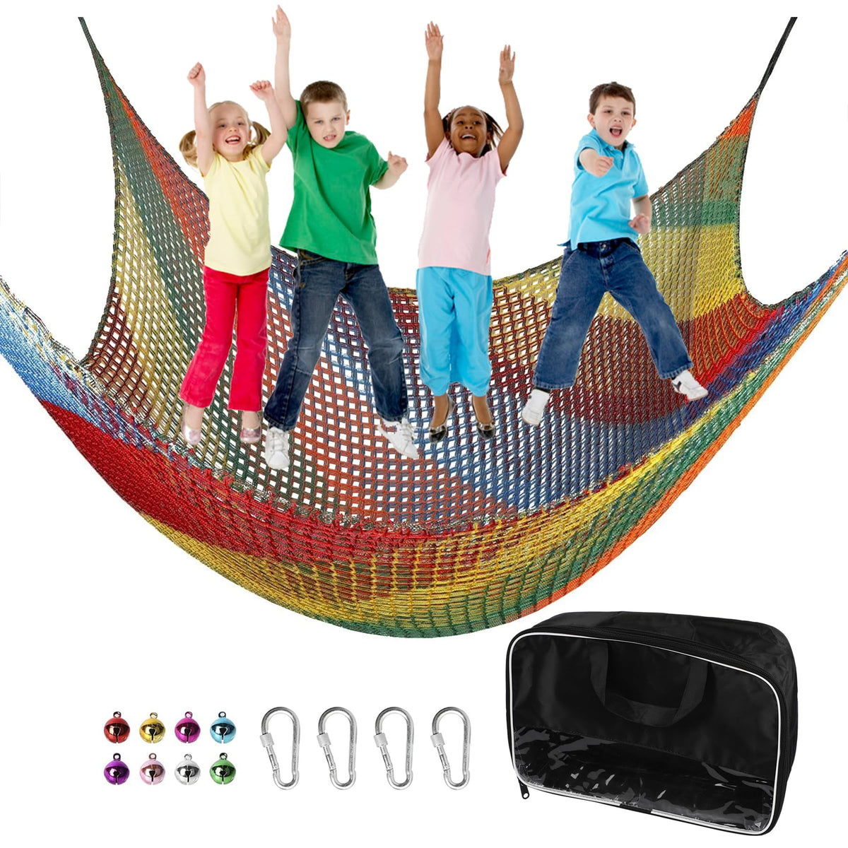Toriexon climbing net front view shows vibrant colors for safe backyard play.