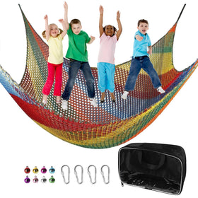 Toriexon climbing net front view shows vibrant colors for safe backyard play.