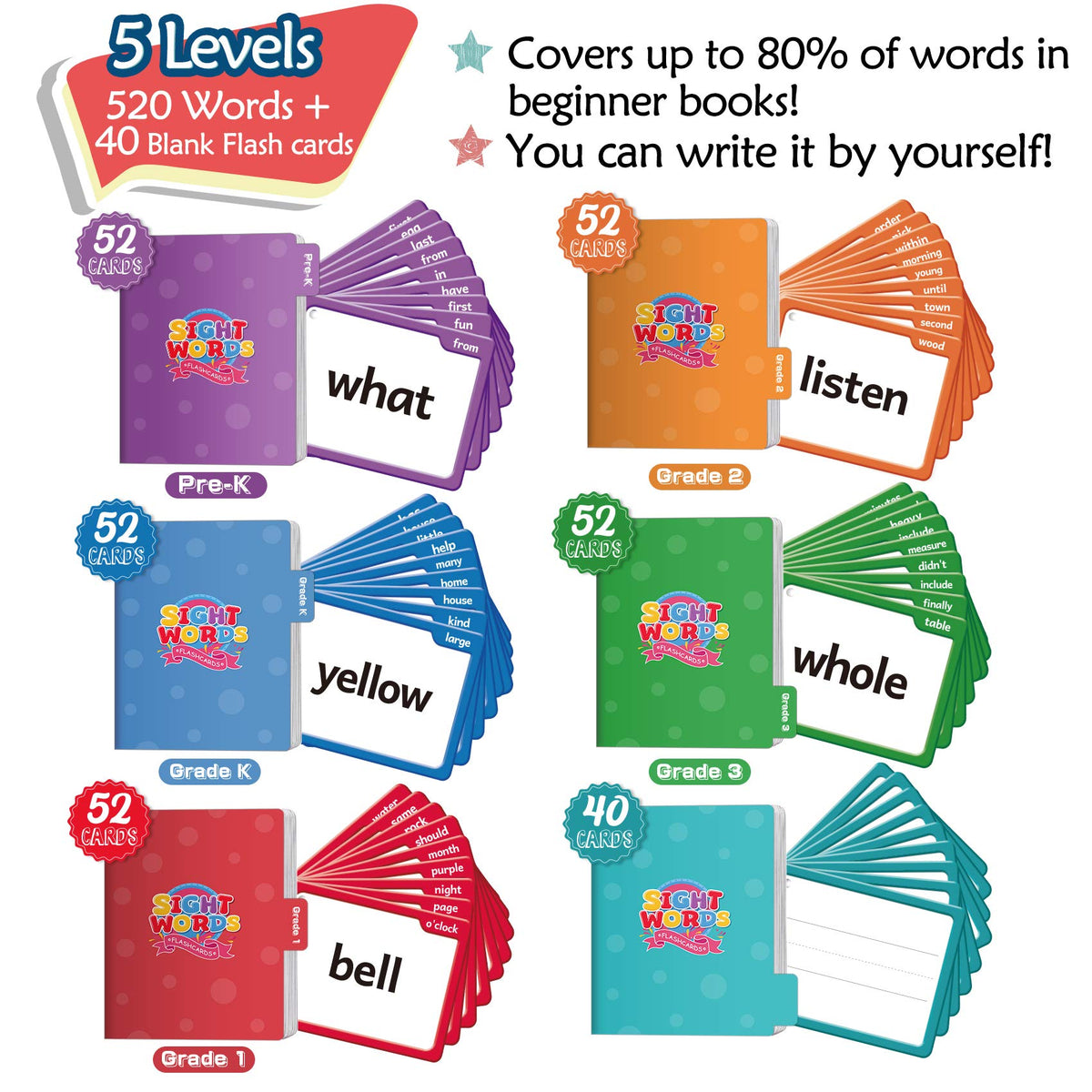 Torlam 520 sight words flash cards with rings for quick sorting and setup.