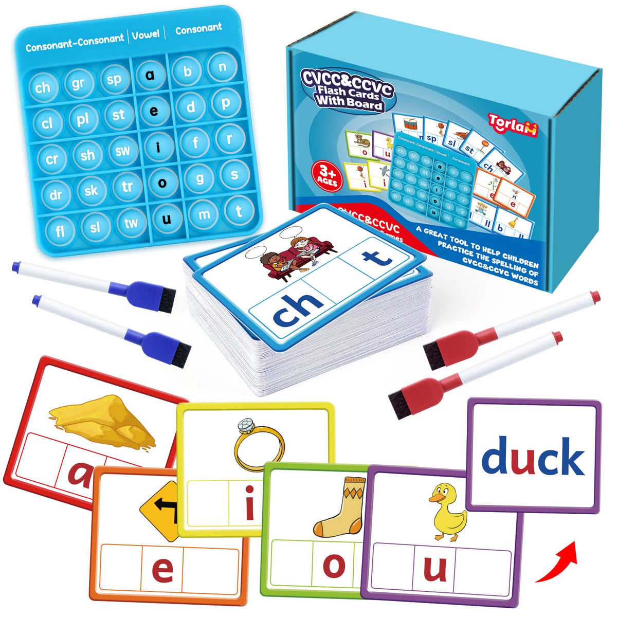 Torlam CVCC and CCVC board for identifying sounds and practicing decoding