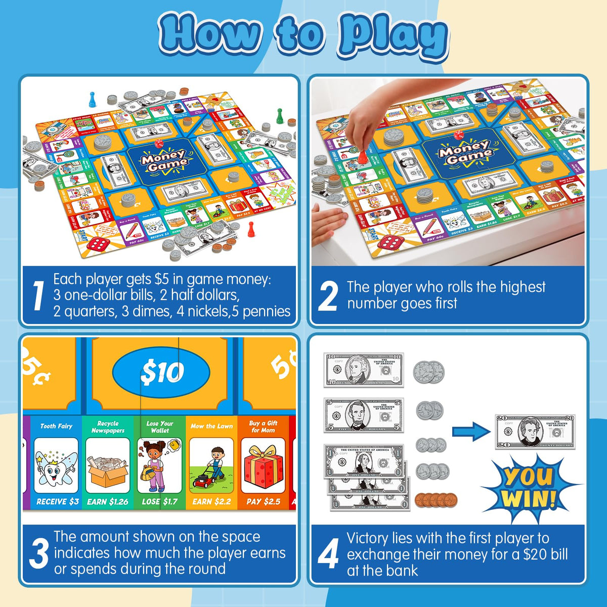 Torlam Money Board Game colorful pawns aid tracking moves and transactions