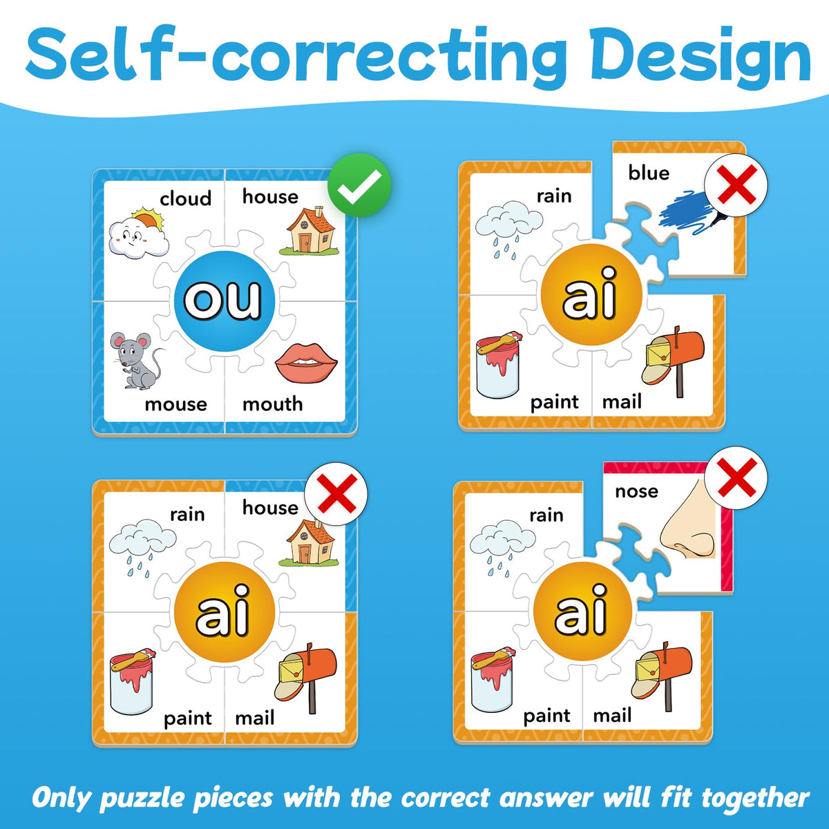 Kids assembling interlocking puzzle cards from Torlam phonics set.