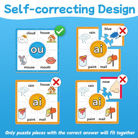Kids assembling interlocking puzzle cards from Torlam phonics set.