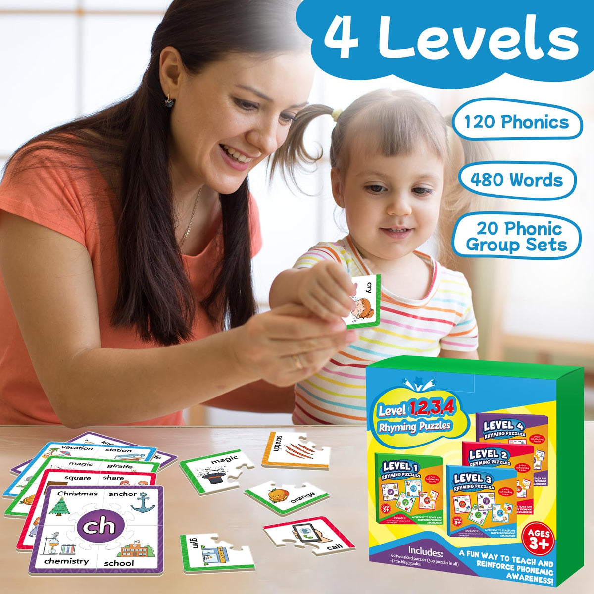 Torlam Phonics Puzzle Cards Level 2 spread highlighting consonant blends and digraphs.