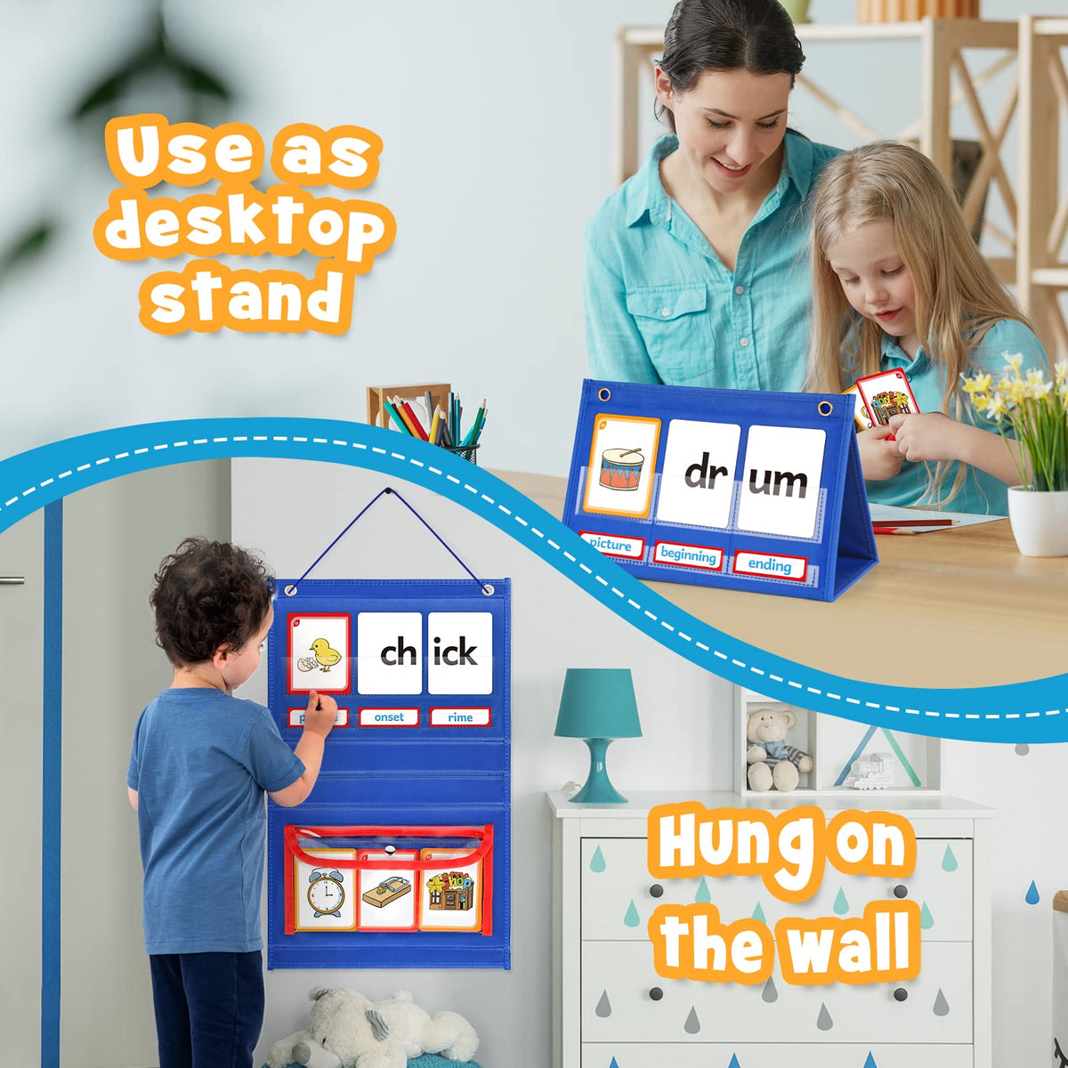 Torlam wall or tabletop pocket chart with grommets for flexible display.