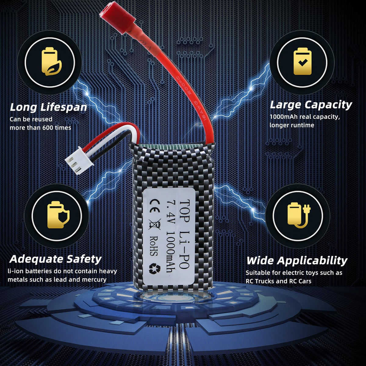 Tosiicop battery weight ~47g for lightweight deployment in RC models.