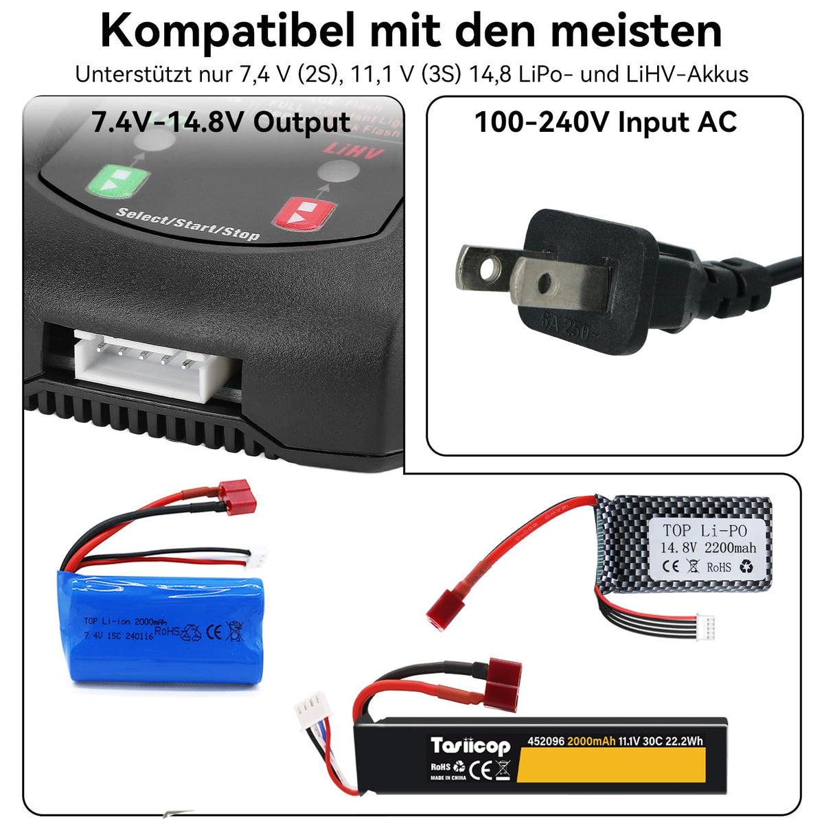 Tosiicop LiPo balance charger compatibility 2S-4S enables versatile RC packs