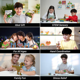 Eight magnetic blocks form over 100 shapes for creative exploration.