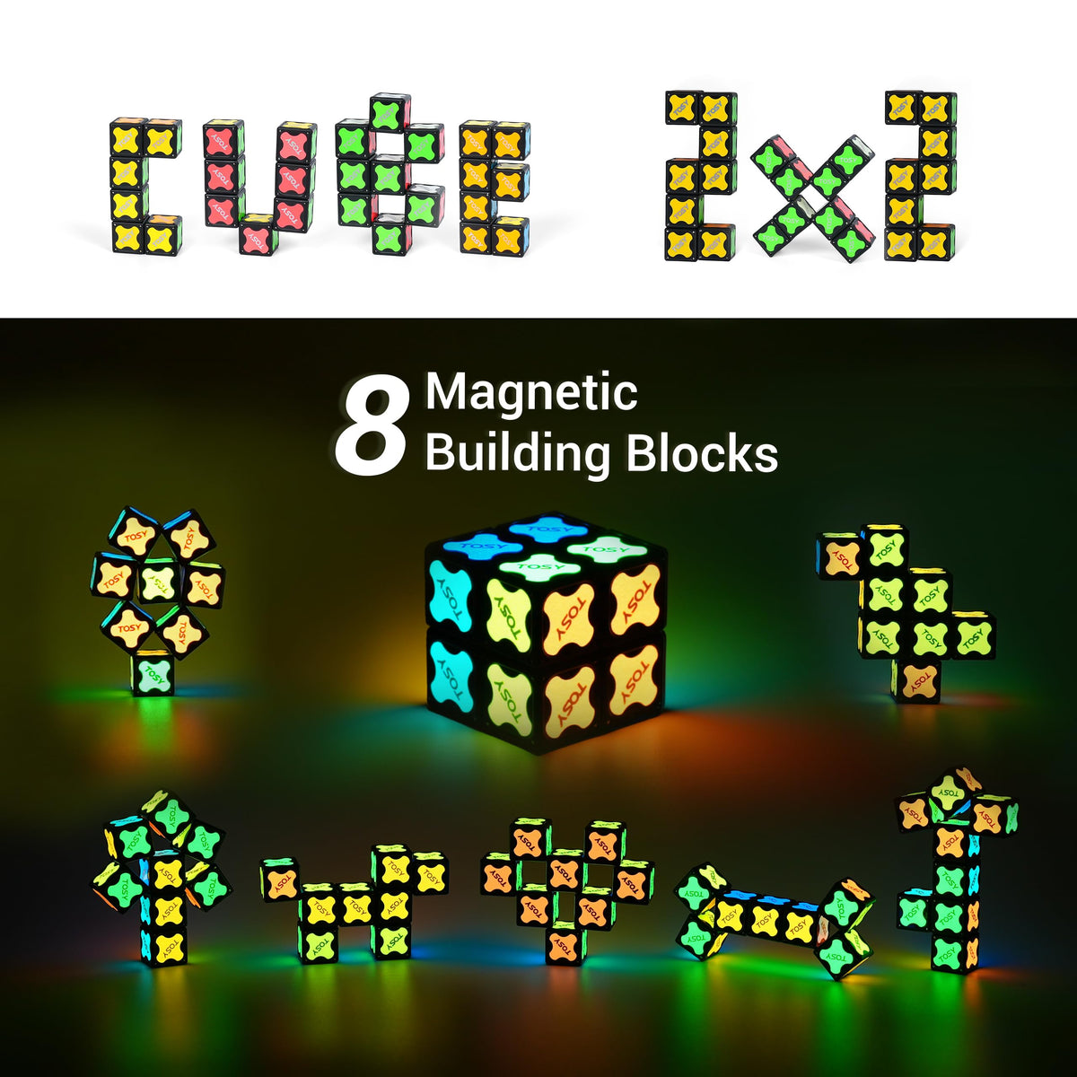 TOSY glow-in-the-dark blocks with UV light for glowing design ideas.