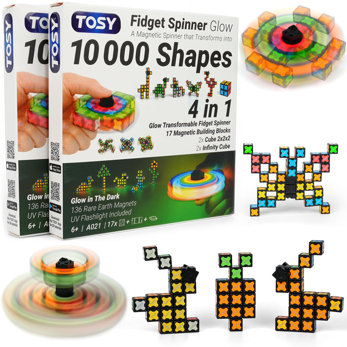 TOSY Magnet Fidget Spinner Glow blocks forming colorful shapes for focus and dexterity