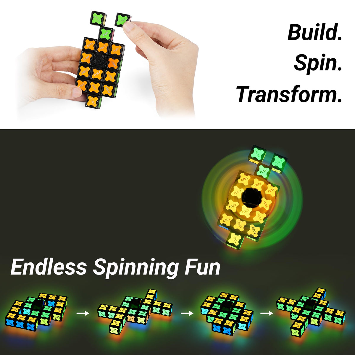 TOSY Magnet Fidget Spinner Glow using the included UV flashlight to reveal glow designs