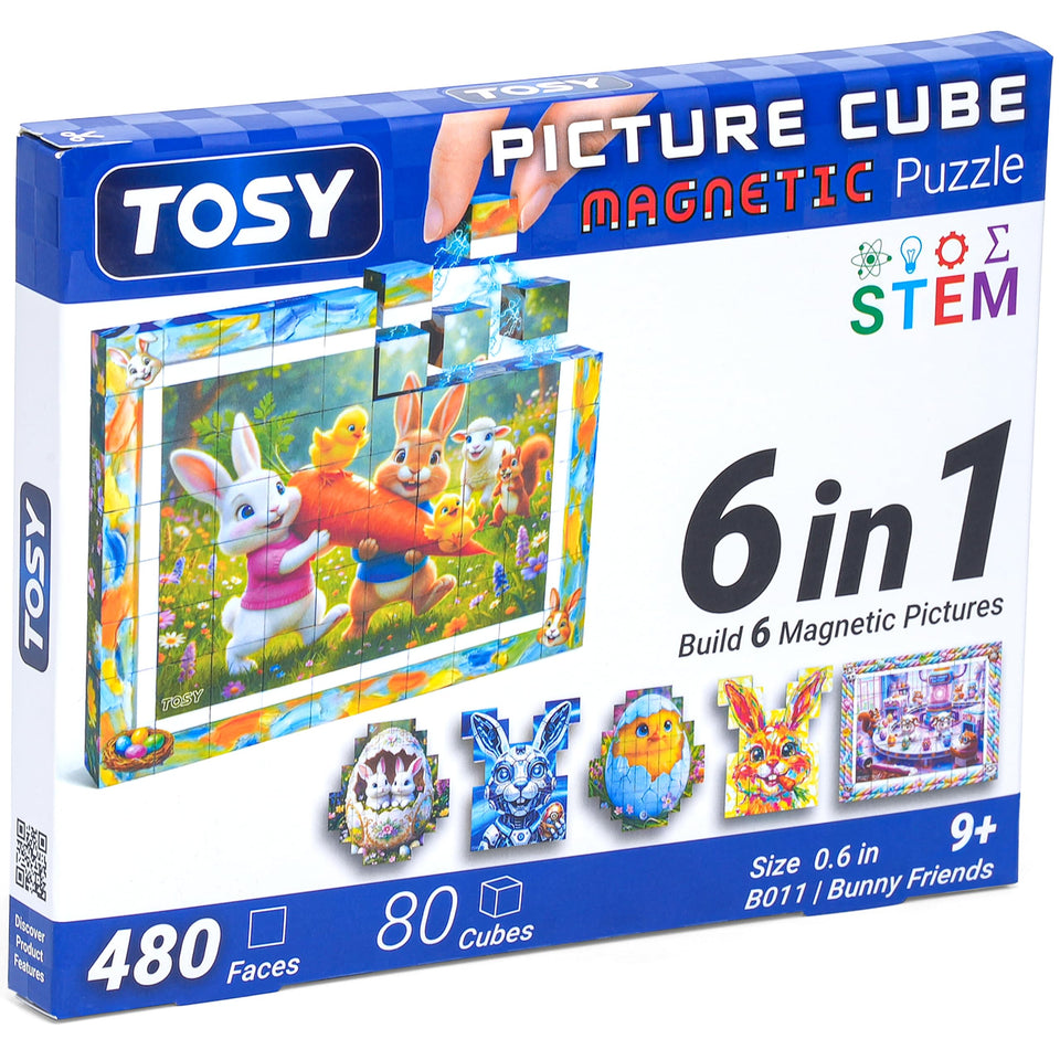 TOSY Picture Cube Bunny Friends on display shelf with vivid UV art