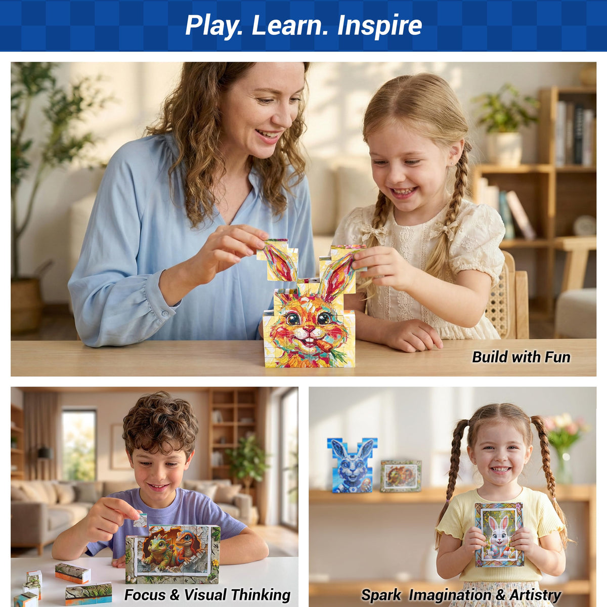 TOSY Picture Cube Bunny Friends in action with six puzzle magnets