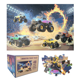 Tot Dojo monster truck rally floor puzzle provides a vibrant scene for hands-on play and problem solving.