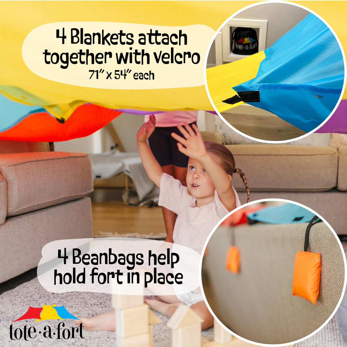 TOTEAFORT Original XL fort setup demonstrates quick, easy assembly for indoors and outdoors.