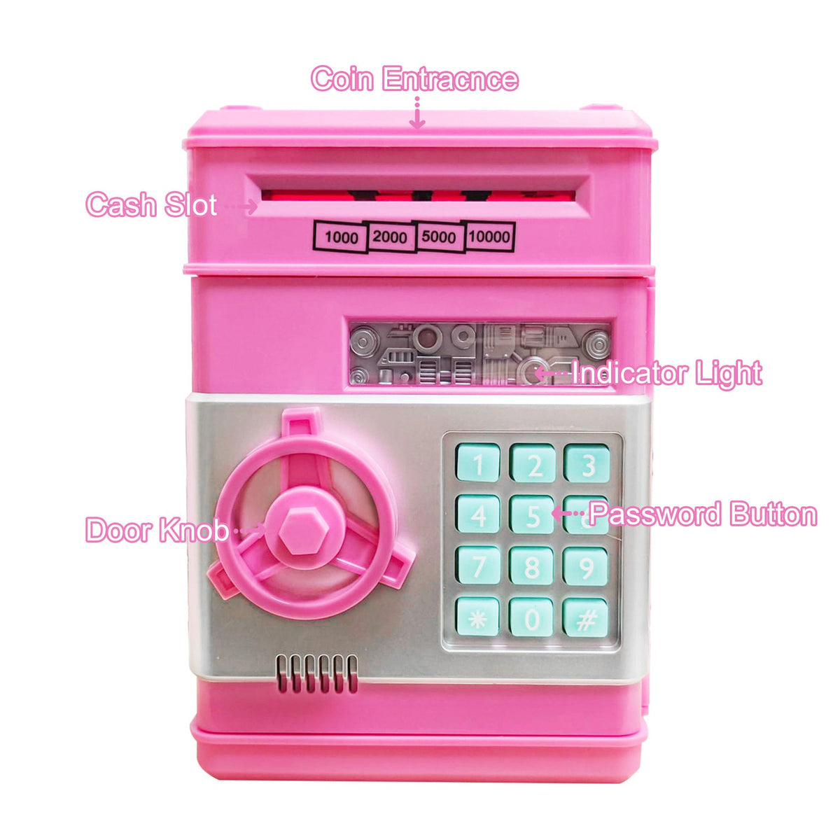 Totola mini ATM cash inlet showing deposit action for kids