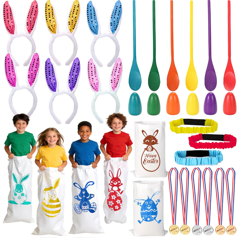 Totstio Easter sack race bags with bunny designs for backyard play