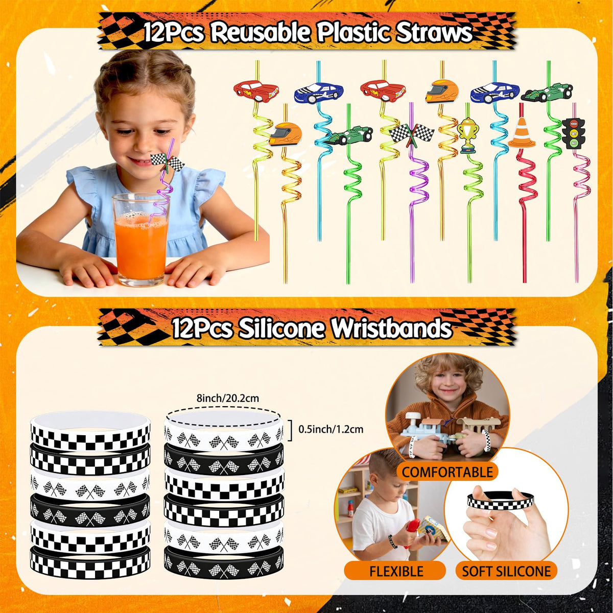 TOUPONS race car wristband in soft silicone for comfortable, reusable party accessories