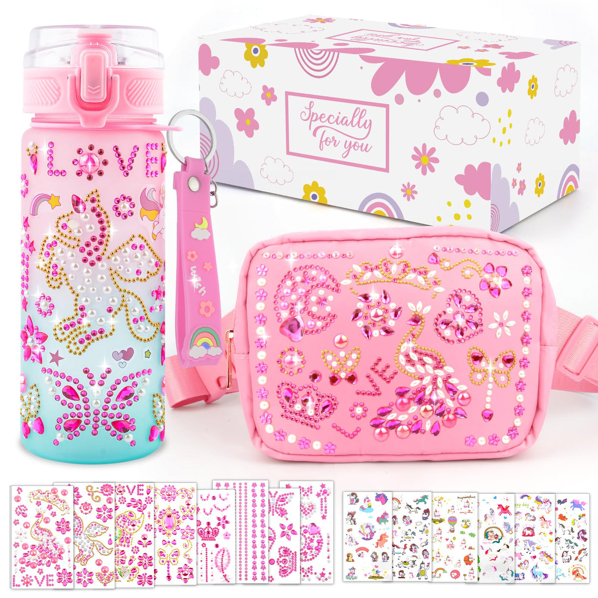 TOUPONS water bottle with gems stickers, perfect for school and play.