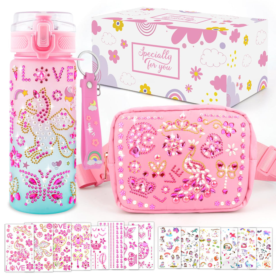 TOUPONS water bottle with gems stickers, perfect for school and play.