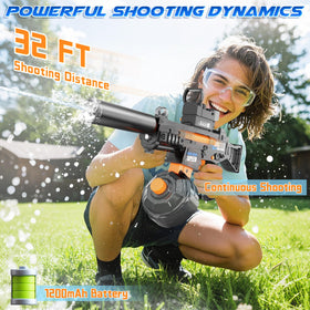 Toupus water gun shows 350ml tank for extended play.