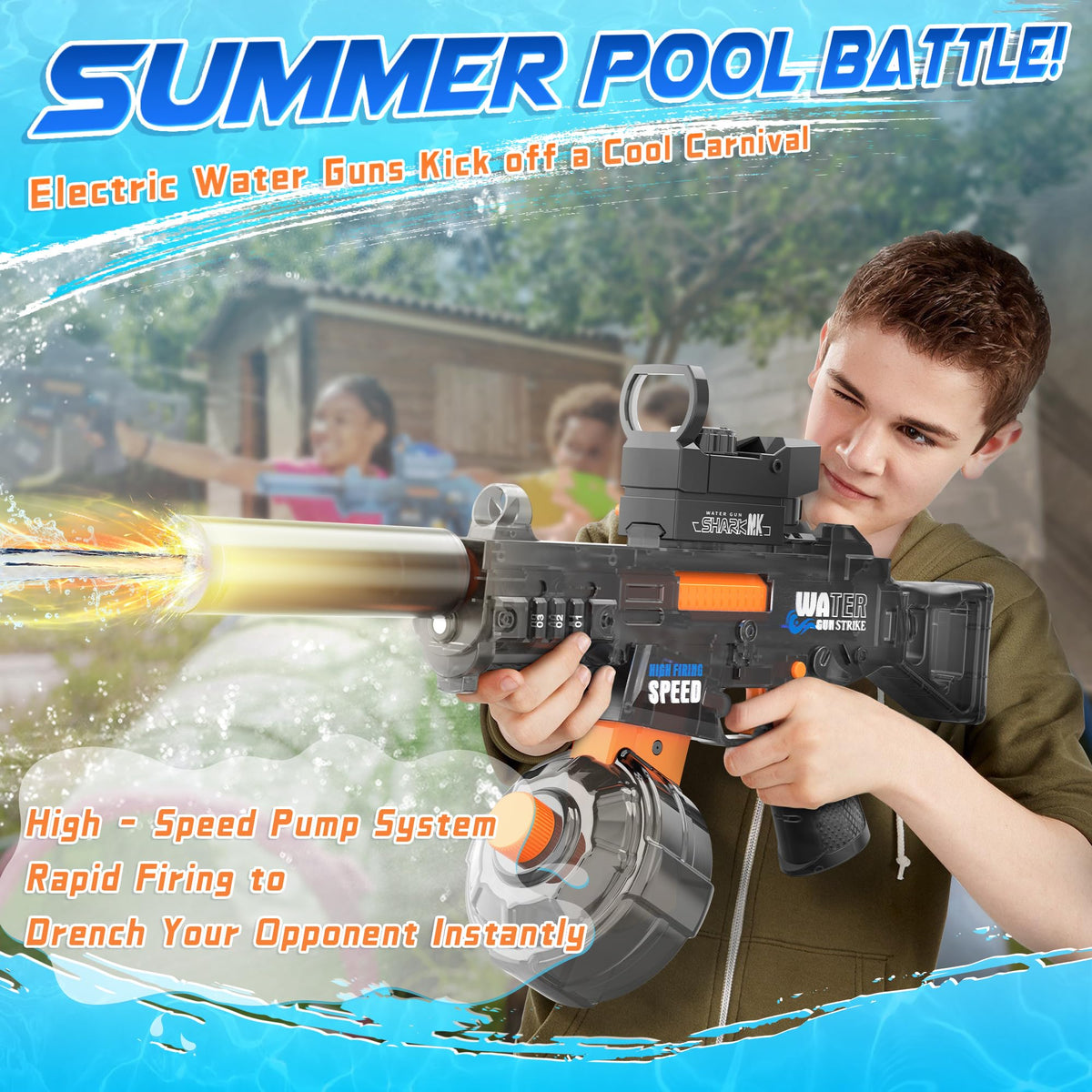 Toupus water gun with built-in scope for precise aiming.