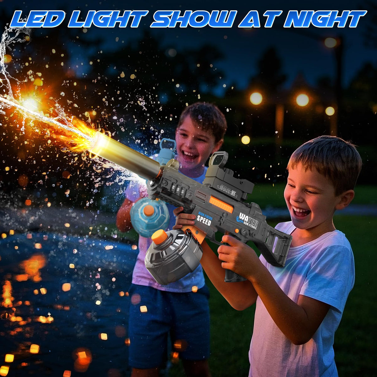 Toupus water gun displays LED muzzle flash for night battles.