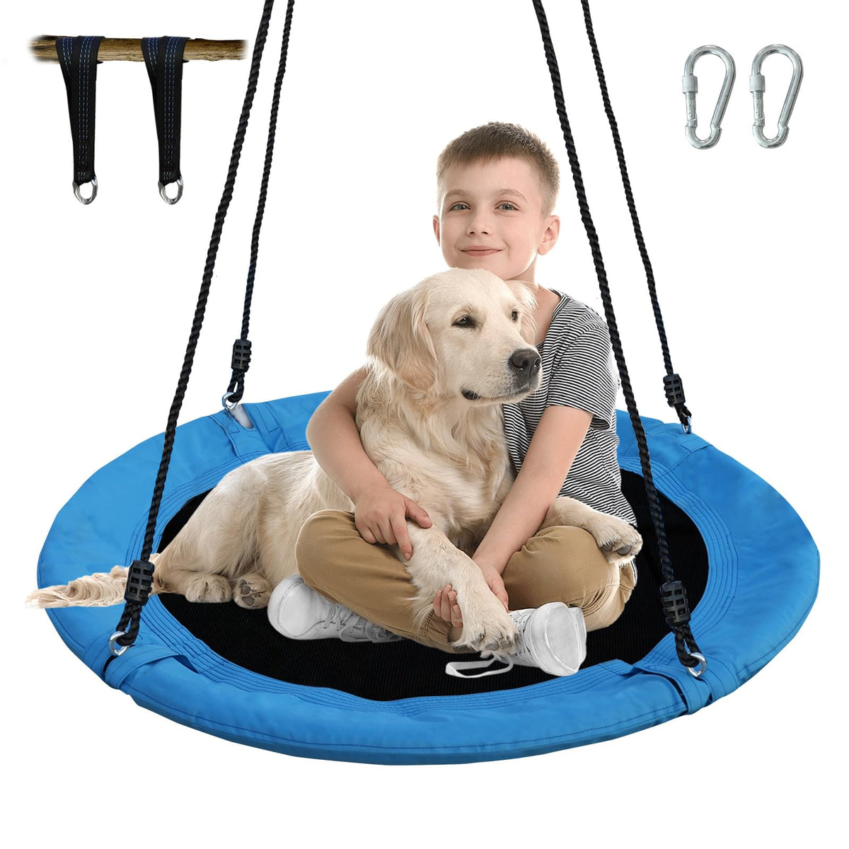 Tovini saucer swing 40-inch blue overview for safe, social backyard play.