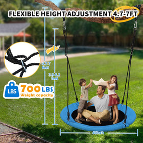 Tovini saucer swing 40-inch blue seat close-up highlighting durable fabric and comfort.